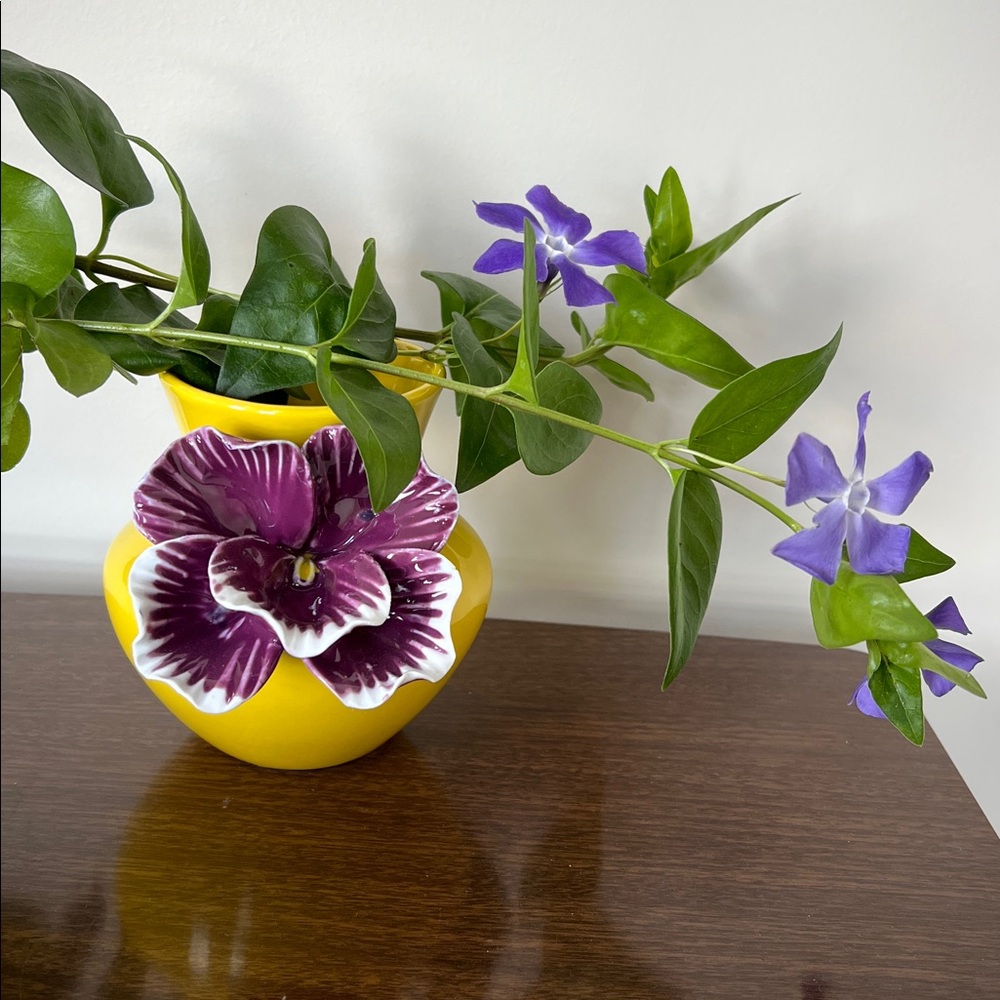 Anthropologie Yellow Vase with Purple Floral Design